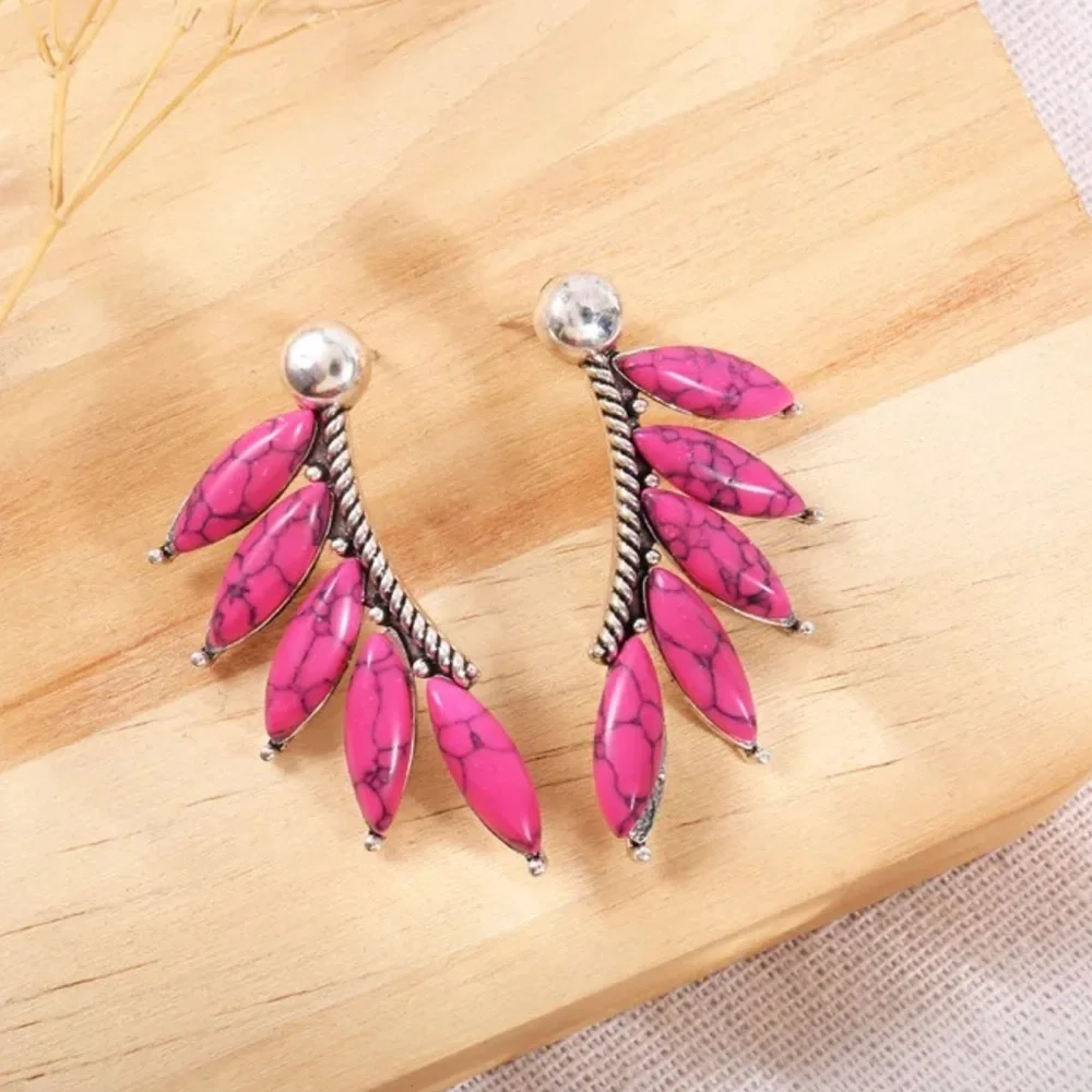 3/$22🩶 Western Pink Stone Feather Silver Stud Earrings Southwestern Cowgirl NEW
